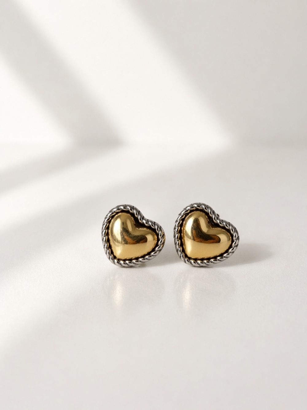 Two Tone Heart Stud Earrings with Twisted Silver Border - Stainless Steel